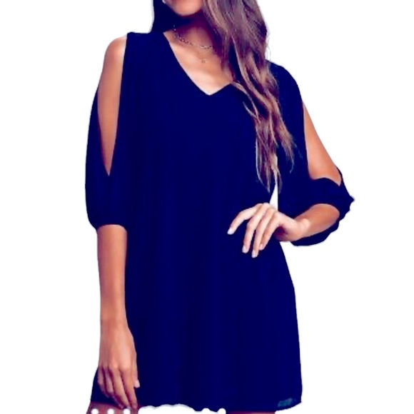 NWT Lulus/Lulu’s Shifting Dears Navy Long Sleeve Shift Dress Chiffon Shell Sz XS - Picture 2 of 16